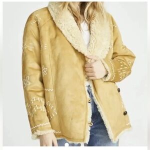 Driftwood Womens Tan Faux Suede Sherpa Lined Embroidered Jacket Size L $298